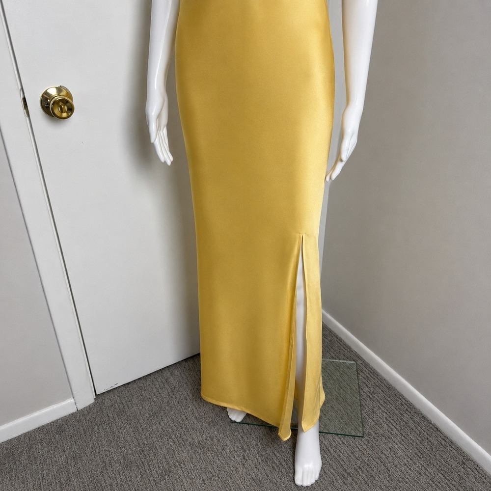 Commense Golden Yellow One Shoulder Satin Backless Maxi Dress with Side Slit S - Picture 7 of 14